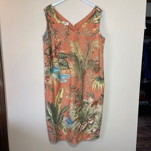 Talbots Woman 20W Tropical Jungle Print Beaded V-Neck Cotton Sheath Dress Orange